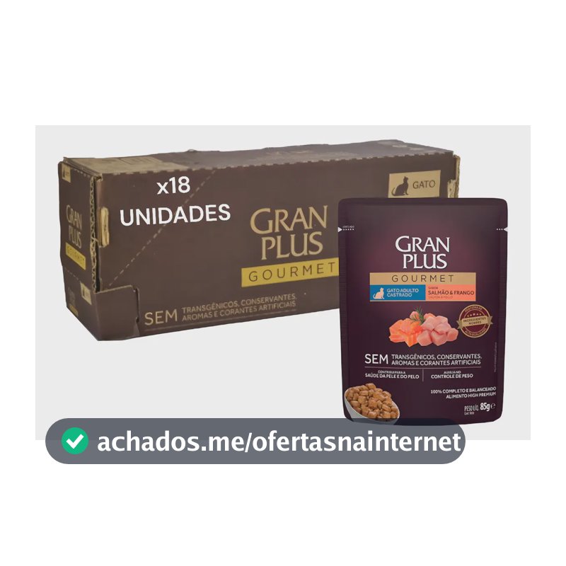 Ração Úmida Gatos Castrados Salmão Frango Gran Plus 18 Sachês 85g