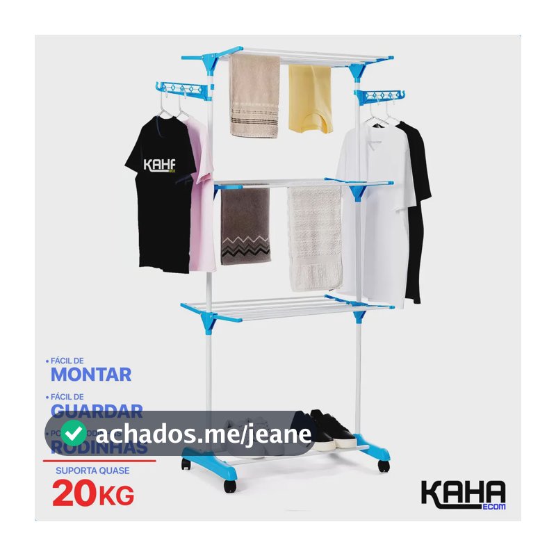 Kaha Varal De Chão Grande De Roupas 3 Andares Dobrável Aço Seca Fácil Cor Branco Com Azul