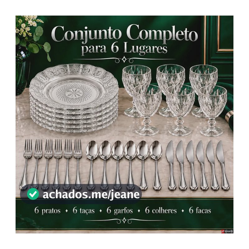 Aparelho de Jantar Sforte 30 Peças com Pratos e Taças de Vidro e Talheres em Inox