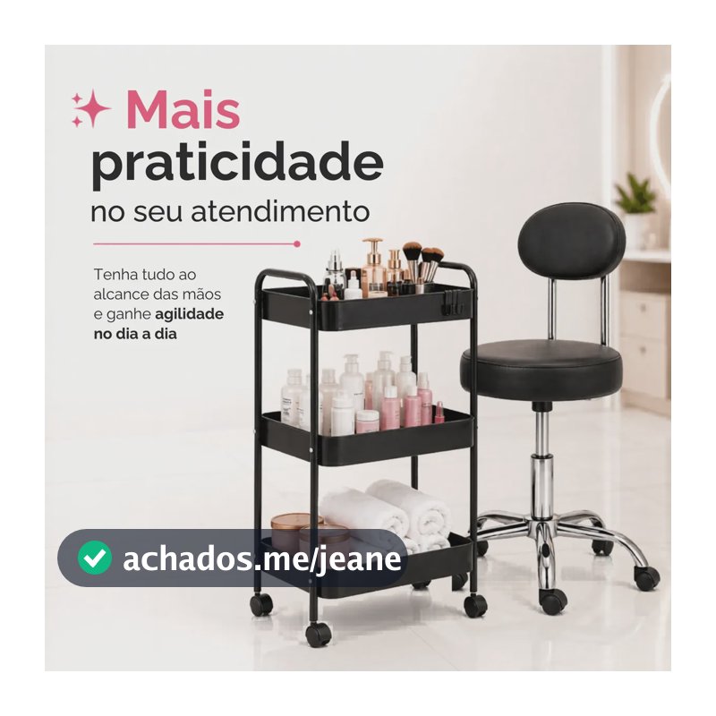 Kit Estética Cadeira Mocho Carrinho Auxiliar Salão Manicure Cromado Preto
