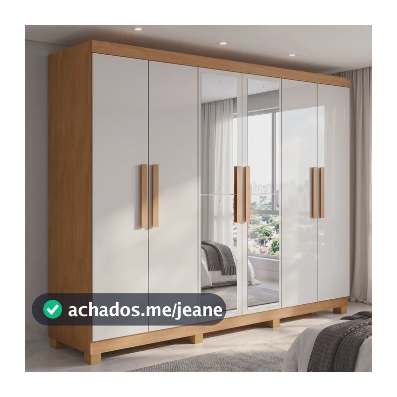 Guarda Roupa Casal 6 Portas Easy Slim Com Espelho E Pés Amêndoa/Off white