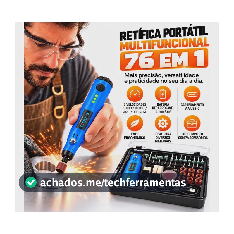 Mini Retífica Portátil Potente Sem Fio Kit Profissional 76x1 127/220v 20 W