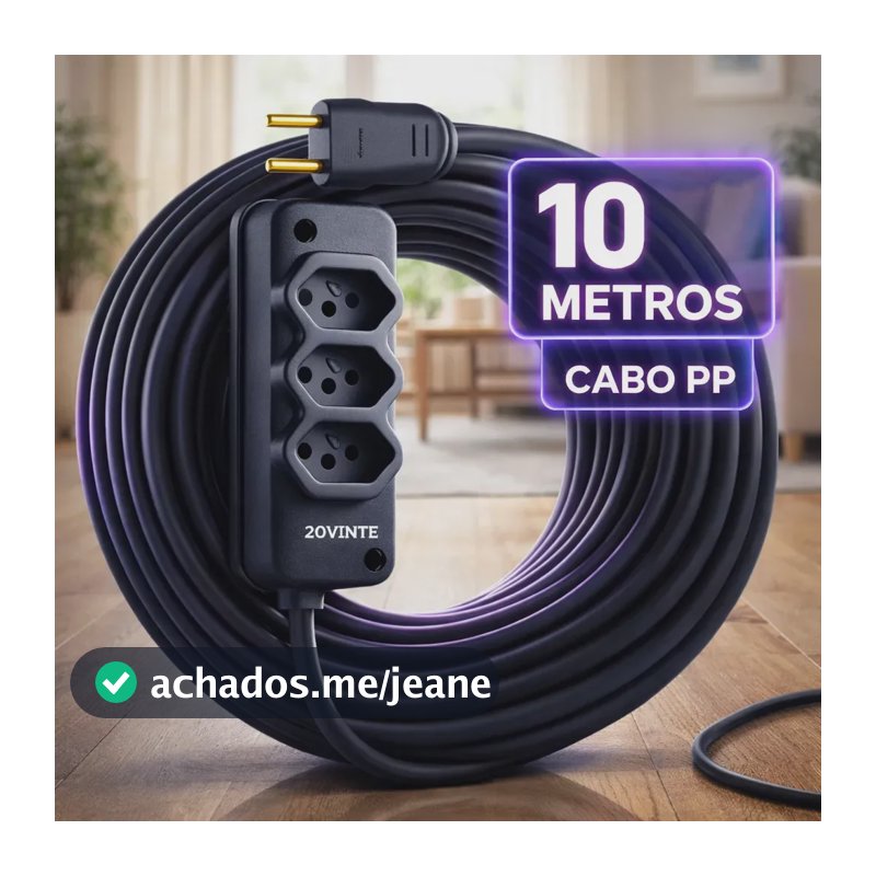 Extensão Elétrica 10 Metros Cabo Pp Reforçada Obra Profissional 10/20a Fio Grosso 2x2,5mm Tomada Tripla Cor Preto 20vinte
