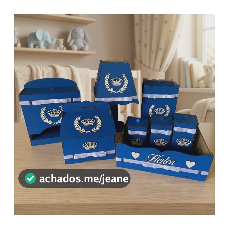 Kit Higiene Mdf Com Fita Quarto Bebê Coroa Personalizado Azul-escuro