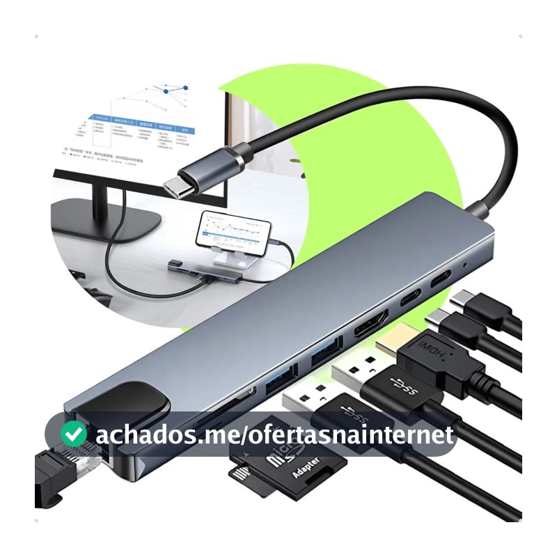 Adaptador Hub USB-C 8 Em 1 Adaptador Multiportas Macbook Pc Notebook