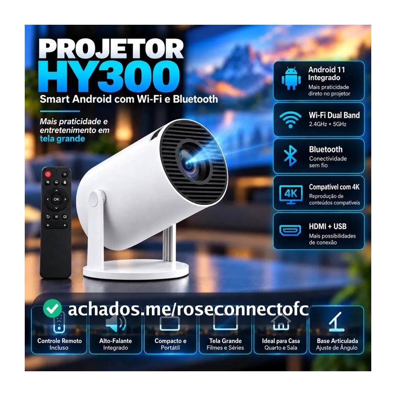 Projetor Portátil HY300 Mini 4K Compatível Android 11 Wi-Fi 5G Bluetooth Smart Portátil Rotação 180° Tela Grande para Filmes Séries Jogos Aulas e Apresentações Home Theater Cinema