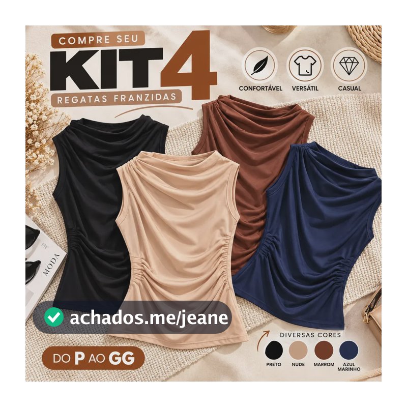 Kit 4 Blusa Feminina Regata Gola Alta Drapeada Plissada Preto, Marrom, Nude E Azul Marinho Liso P/m (36/42)