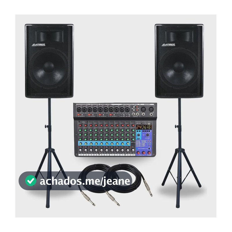 kit 2 Caixas Som Profissional 600W RMS 15 polegadas Driver Titanio Amplificada Ativa Passiva Profissional Acustica Mesa 12 Canais Bluetooth Combo Mixer Efeitos e Suporte Pedestal Tripe Igreja Eventos