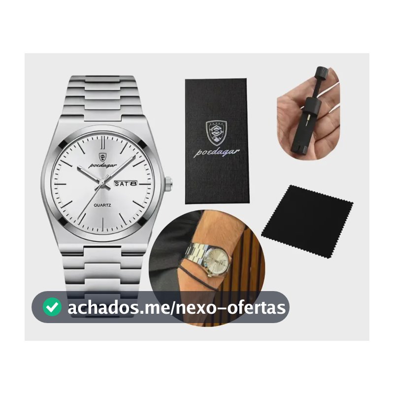 Relógio Poedagar Suiço  Masculino Aço Inox Old Money C/caixa Branco Prateado