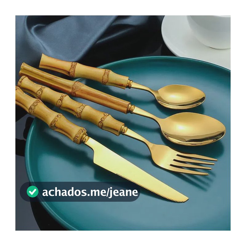 Kit 4 Facas Para Mesa Aço Inox Com Cabo Bambu Natural Wolff  Dourado