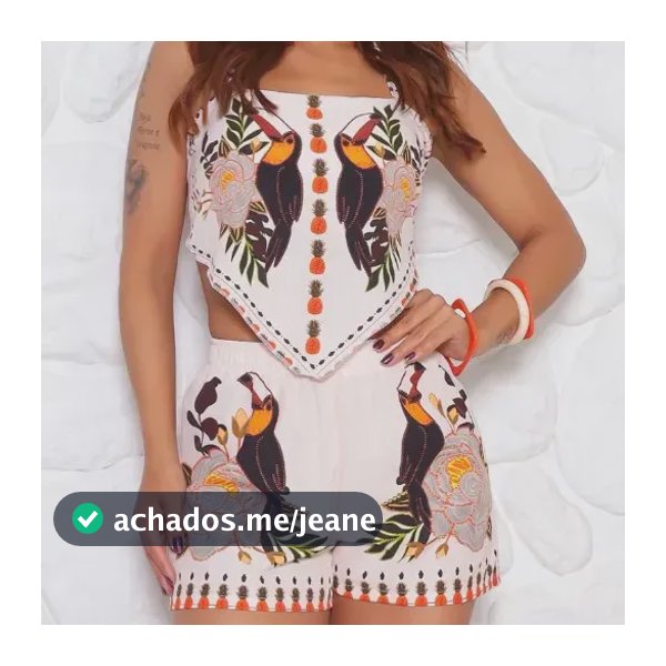Conjunto Feminino Estampado Tropical Short E Cropped Verão Tucano Bege Único (36 Ao 42)