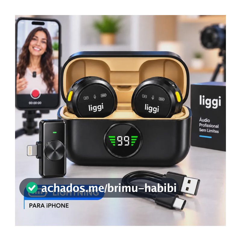 Microfone Lapela Redondo Imã Sem Fio Preto Duplo Anti Ruído Cor Preto - Lightning IPhone 8 ao 14