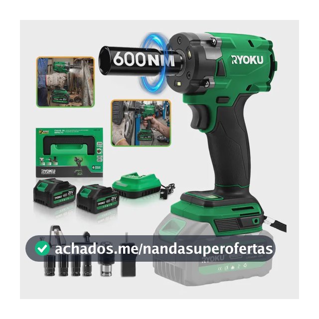 Chave De Impacto Brushless 21v 2 Baterias 600nm 1/2  Ryoku Verde 127/220v 50 Hz/60 Hz