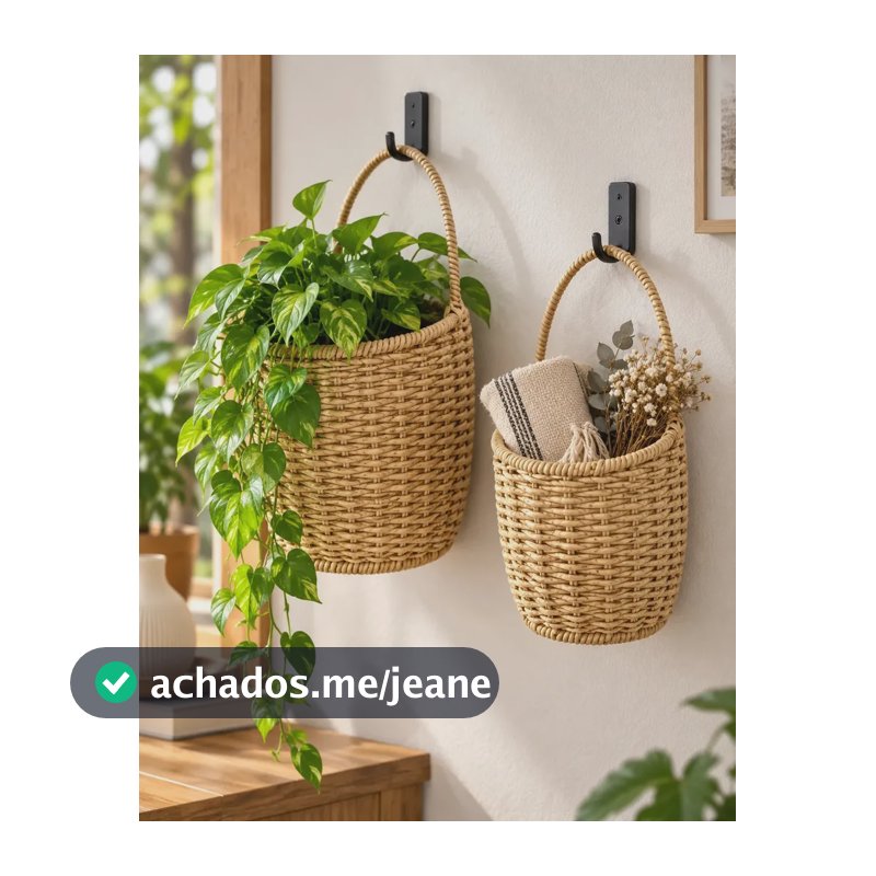 Kit 2 Cestos Suspensos Decorativos Fibra Sintética Tipo Palha Cachepô Para Plantas Alho Escovas Talheres Insumos P e G