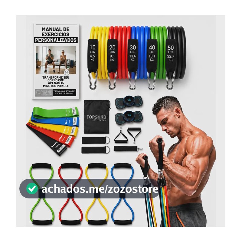 Kit 20 Itens Esportivos Para Treino Em Casa Academia Fitness Funcional Com Elásticos Extensor Puxadores Massageador Faixas Elásticas Mini Band P/ Exercícios Ginástica Fisioterapia Topsand Activewear