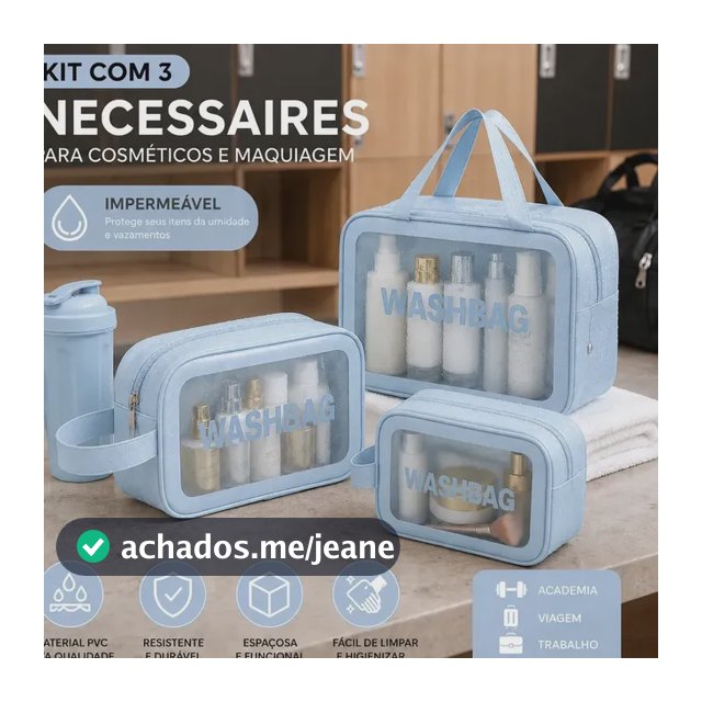 Kit 3 Necessaire Estojo De Toalete Organizador De Malas Kit Maternidade Cosméticos Shampoo Impermeável Ideal Para Áreas Molhadas Viagens Trabalho Academia Material PVC Qualidade Tche Amo Cor Azul
