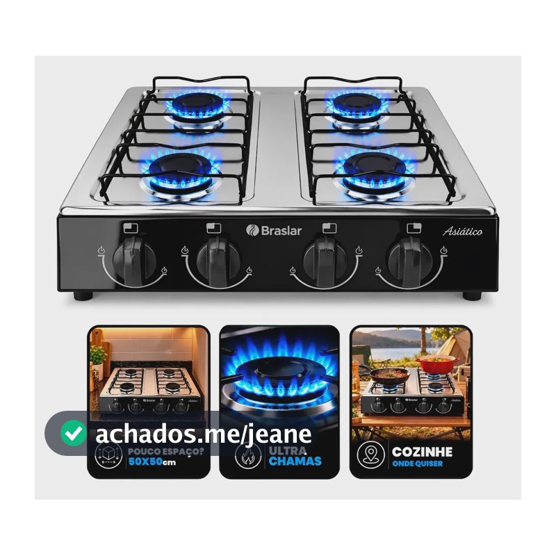 Fogão Cooktop De Mesa Portátil A Gás 4 Bocas Braslar Preto