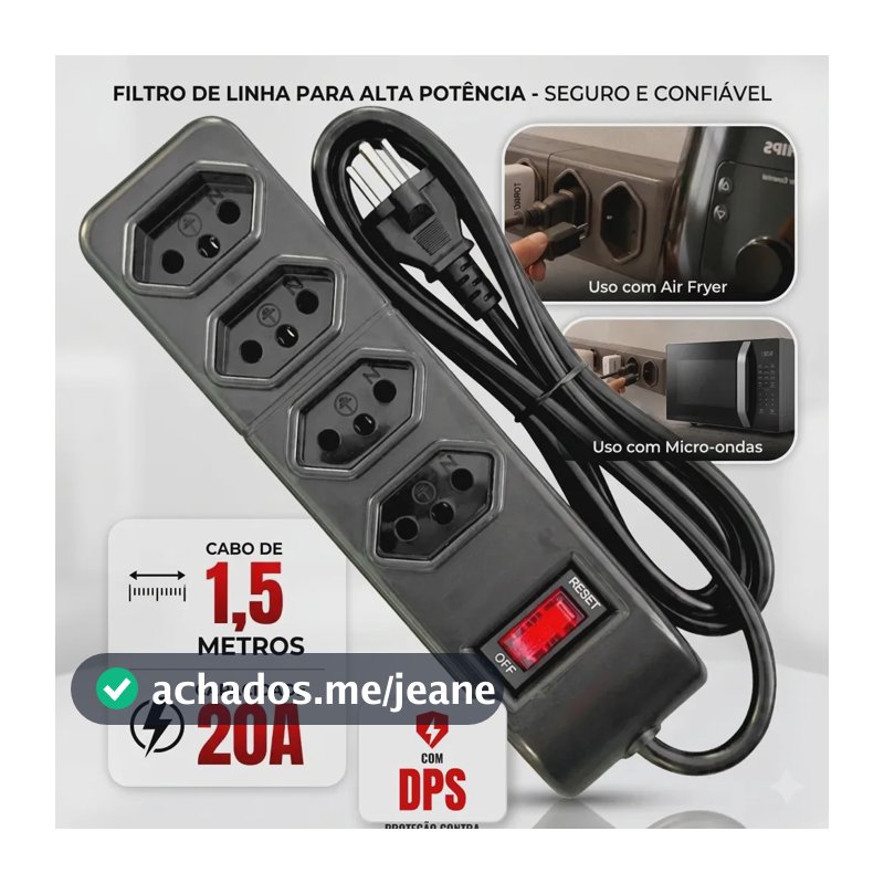 Filtro De Linha Profissional Protetor Elétrico 4 Tomadas 20a Cabo 1,5 Metros Bivolt Micro-ondas Air Fry Cafeteria Preto