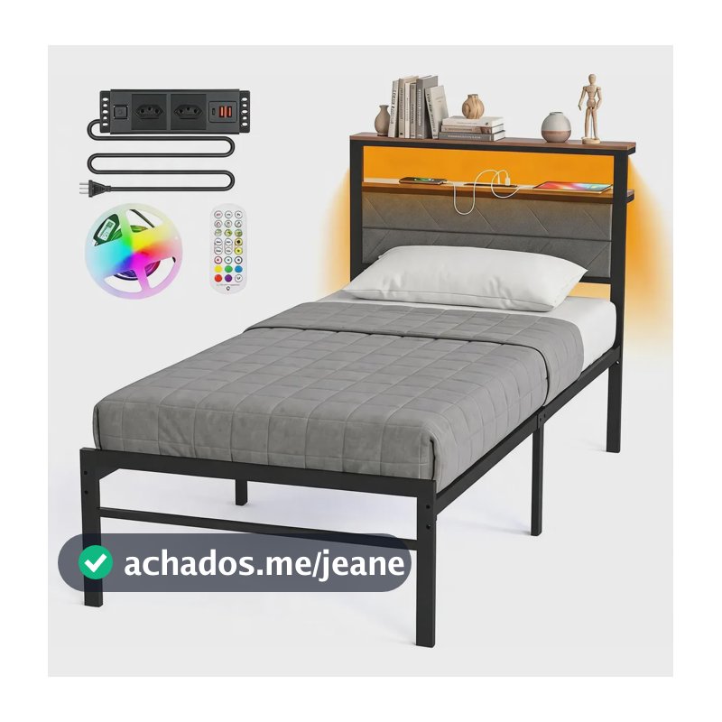 Estrutura De Cama Metal Solteiro C/cabeceira Estofada E Led Preto Hot Wheels