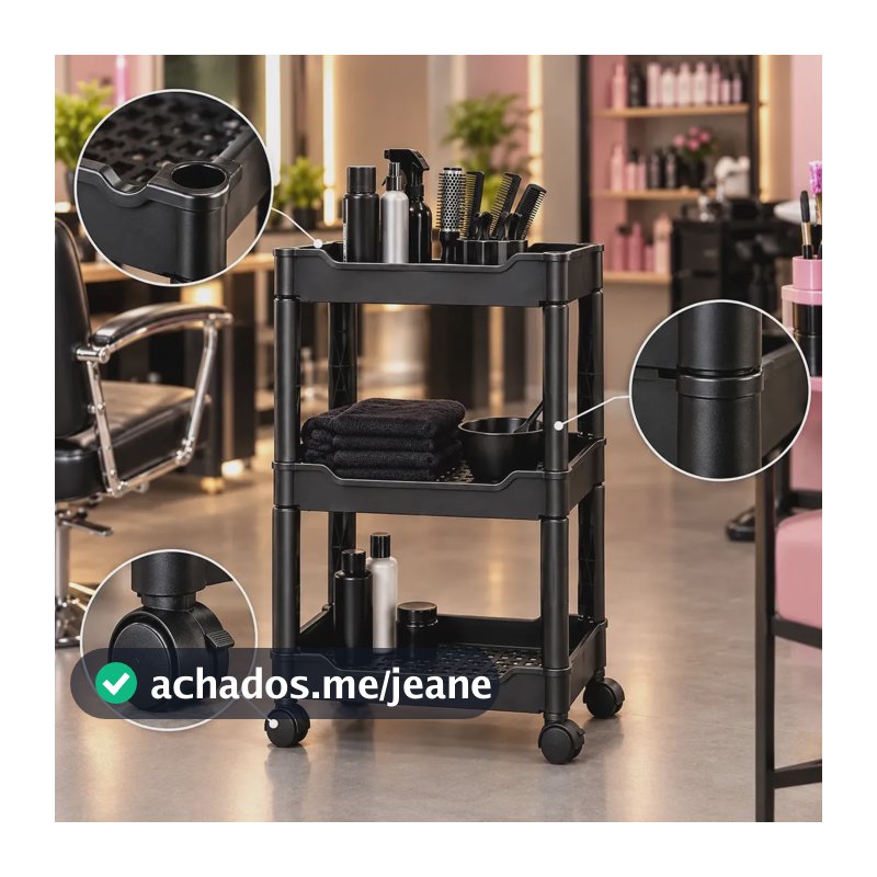 Carrinho Preto 3 Andares com Rodinhas Aura Utilidades Prateleira Modular Estante Organizadora 34x13x60cm para Salões Barbearia Tattoo Estética Maquiagem Fotografia Studio Apoio Móvel Profissional