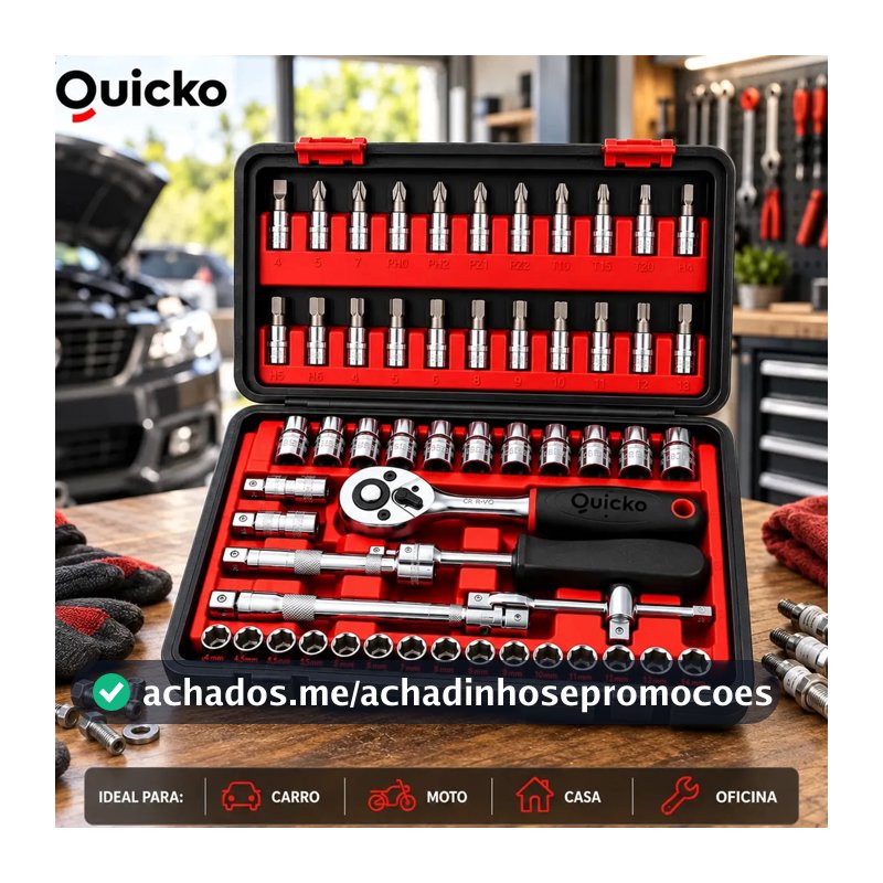 Kit Ferramentas 46 Peças Jogo Chaves Catraca Soquetes Allen Torx Fenda Phillips Maleta Completa Manual Mecânico Manutenção Casa Carro Oficina Profissional ajustes e reparos diversos montagens Quicko