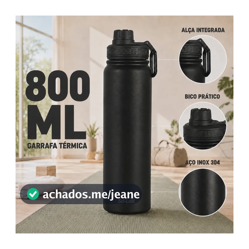 Garrafa Térmica 800ml Isolada A Vácuo Squeeze Aço Inox 304 para Água Gelada Esporte Academia com Alça e Bico Preto Sólar