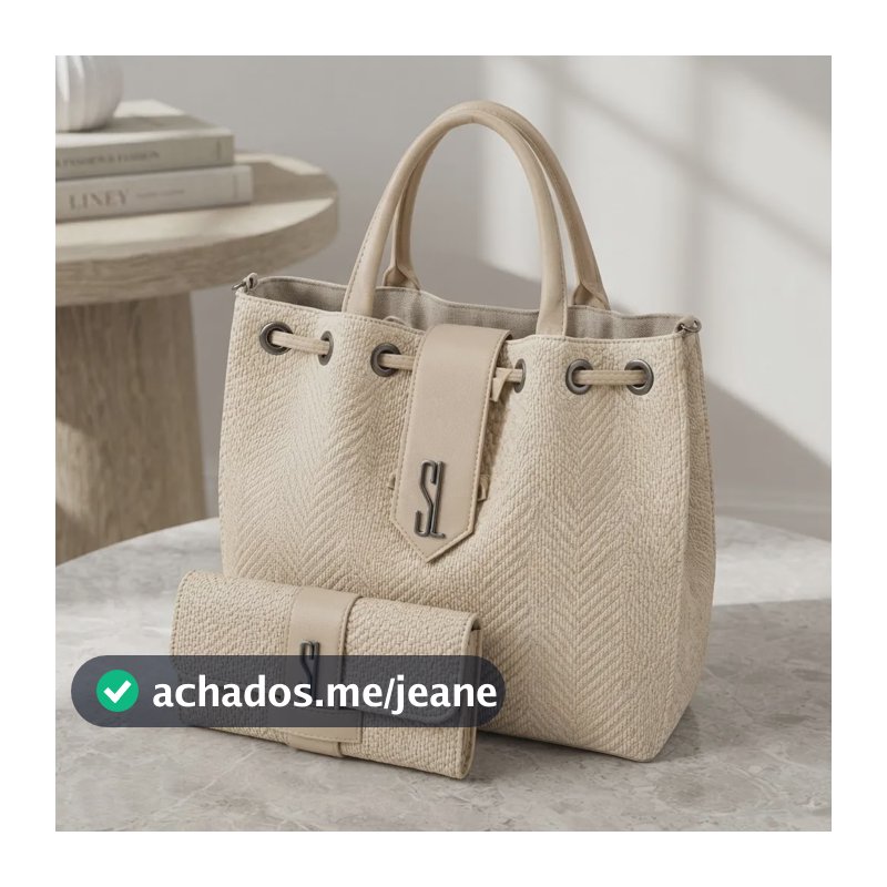 Bolsa Feminina Tote Grande Espaçosa De Ombro + Carteira Sl | Bege Claro Textura Tramada Ouro