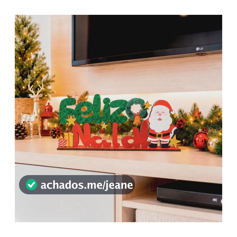 Enfeite Feliz Natal 30x13cm Papai Noel Mdf Feltro Glitter