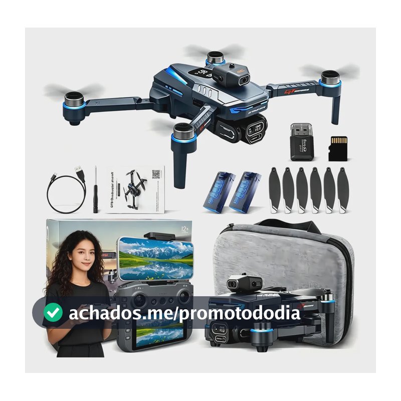 Drone Gt8 Profissional 4k Gps Tela No Controle 2 Baterias Preto