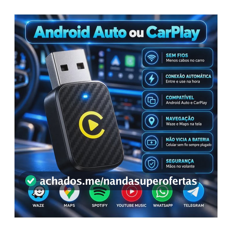 Adaptador CarPlay Sem Fio Android Auto 2 em 1 USB Wireless Automático Plug Play para Carro Multimídia iPhone Android Conexão Rápida