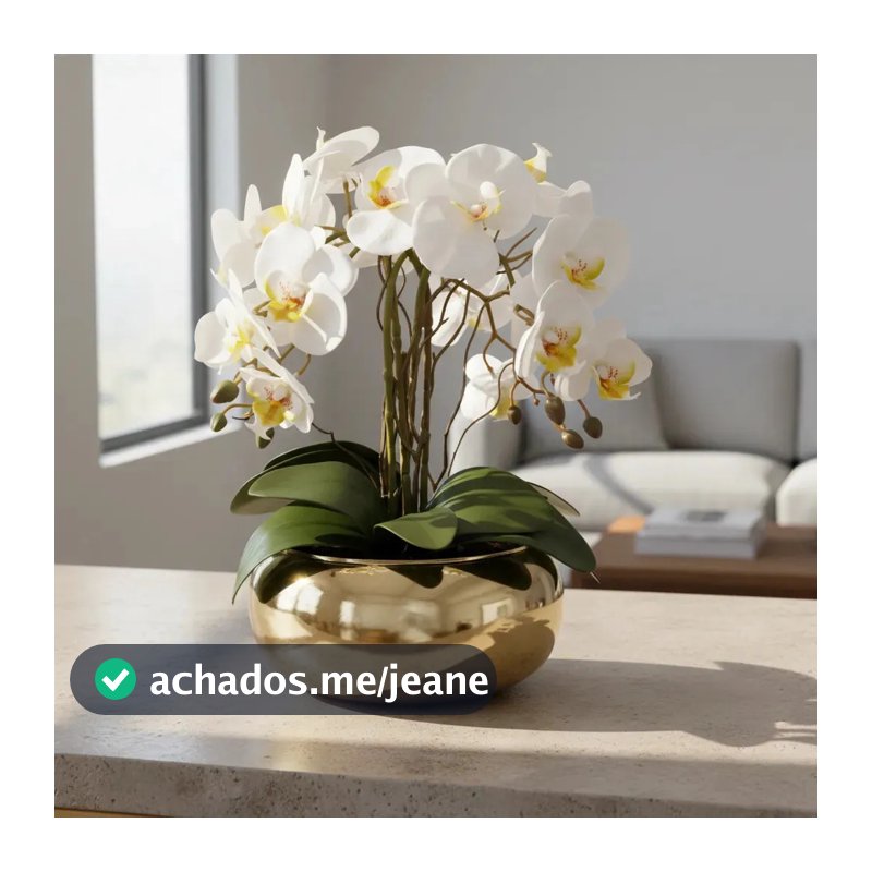 Arranjo Orquídea Branca Artificial em Vaso Dourado Espelhado de Luxo