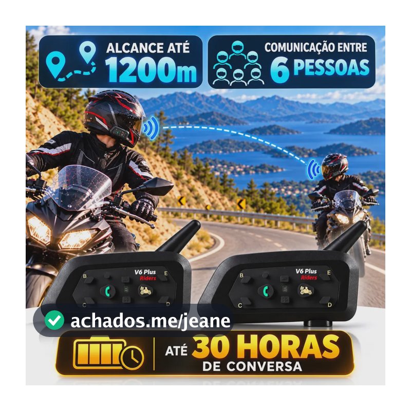 Par Intercomunicador Capacete Moto V6 Plus Bluetooth 5.1 Comunicador Sem Fio Interfone Motociclista Alcance 1.200m Áudio HD Cancelamento De Ruído IP65 Bateria Longa Duração Kit 2