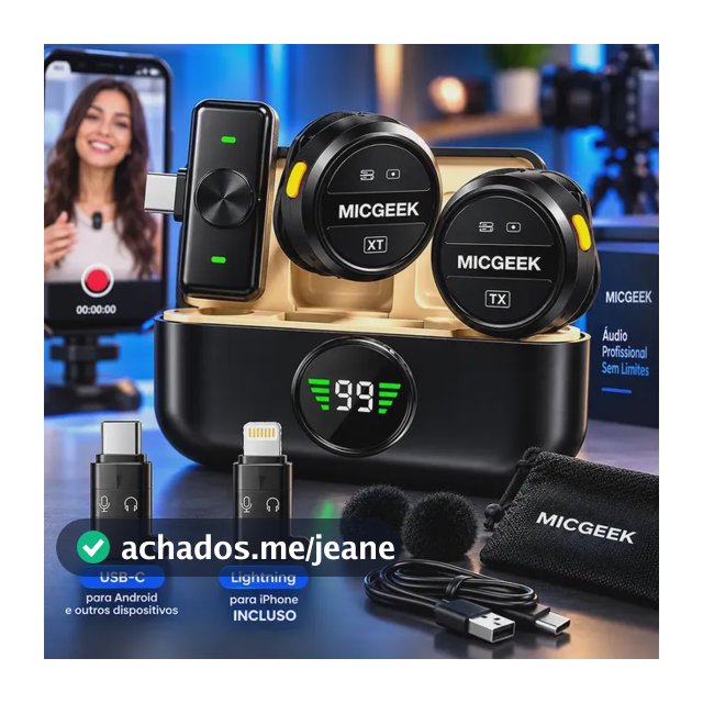 Microfone Lapela Redondo Sem Fio Tipo-c Duplo Anti Ruído P/ Android E iPhone 15 16 17 Com Caixinha Para Carregamento Cor Preto Micgeek