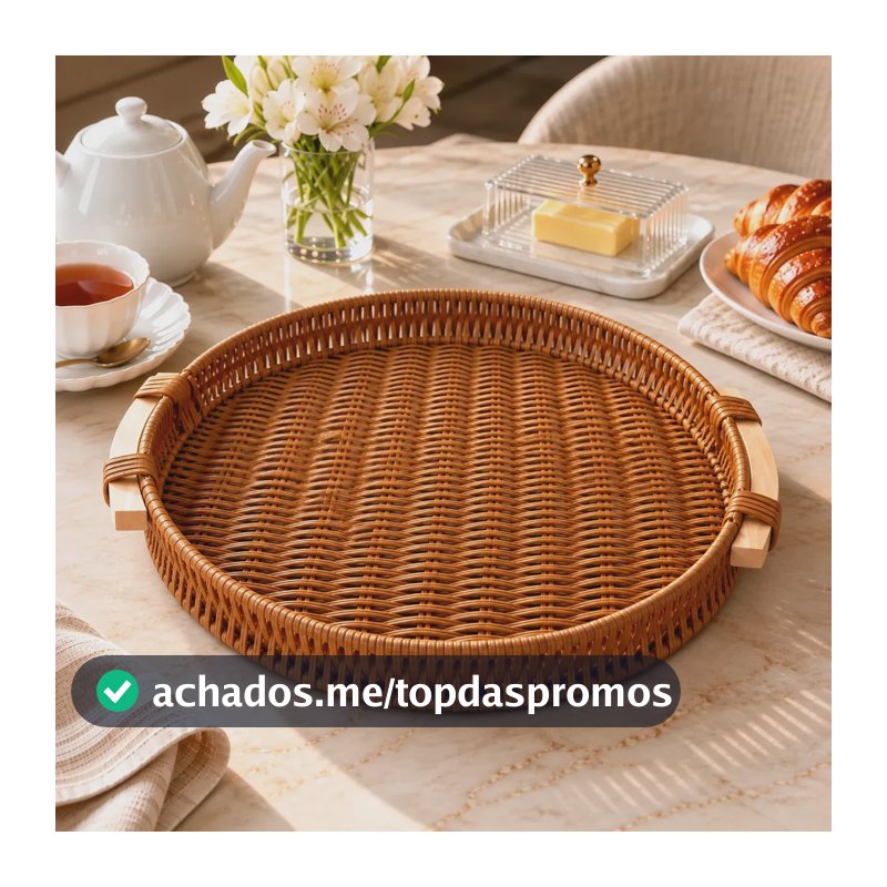 Bandeja Rattan Redonda Alças Mesa Posta Artesanal Multiuso Marrom