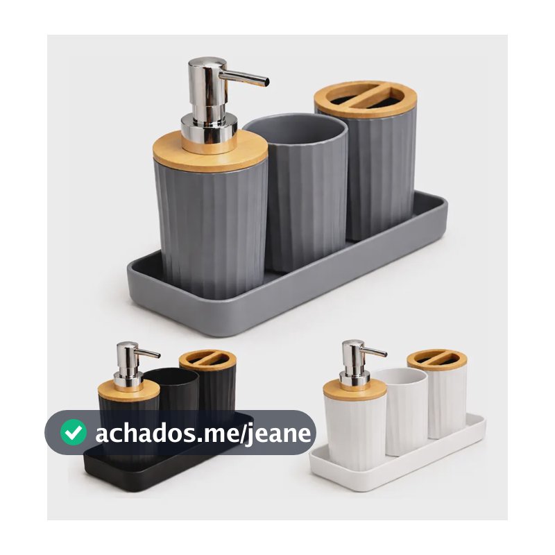 Kit Bambu Banheiro 4 Peças Lavabo Pia Porta Escova Dispenser Cinza-escuro