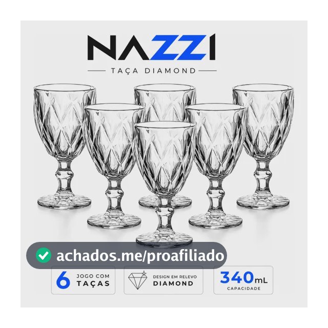 Jogo Kit 6 Taças De Vidro 340ml Diamond Luxo Moderno Transparente