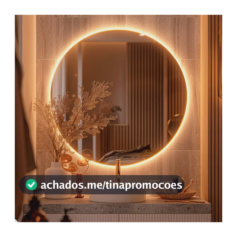 Espelho Redondo 50cm C/ Led Para Parede Quarto Banheiro Sala Moldura Redondo 50cm Led Quente