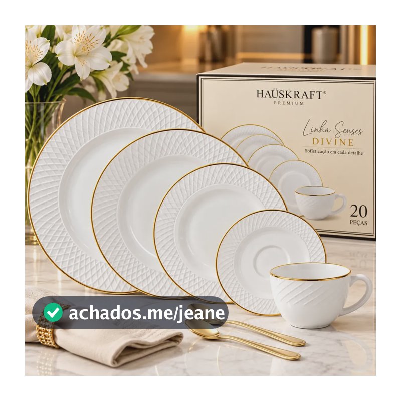 Aparelho De Jantar 30 Peças Hauskraft Premium Divini Branco Borda Dourada Mesa Posta + Brinde 6 Colheres De Chá Café Douradas 30 Pçs Divini Catarina