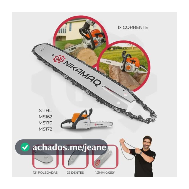 Kit Sabre Saibro Barra Facão + Corrente 22 Dentes Para Motosserra Stihl Ms162 170 172 180 182 210 212 230 250 E 250 12"Polegadas Nikamaq