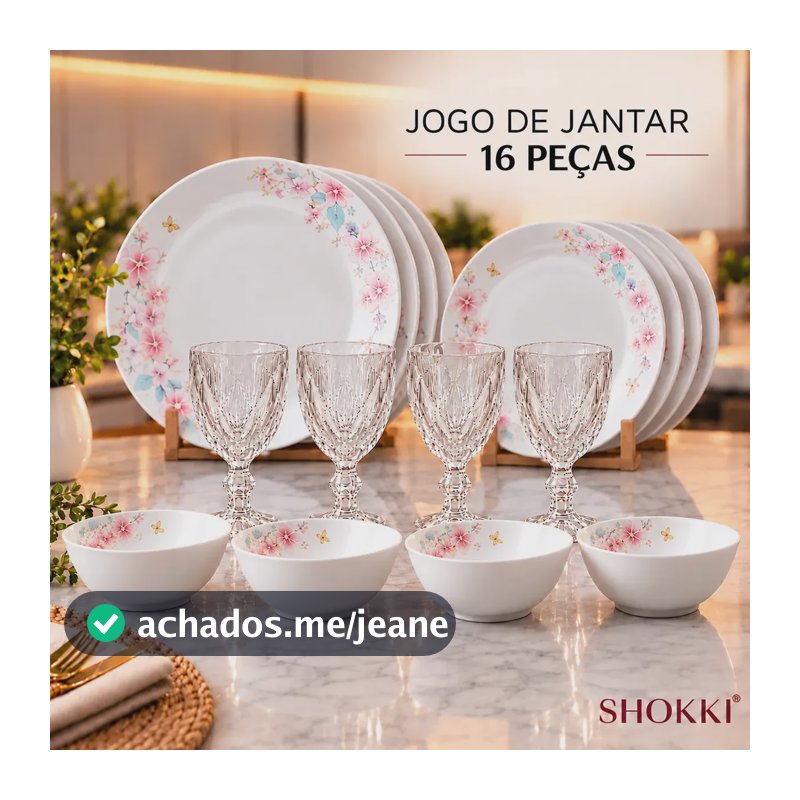Jogo de Jantar SHOKKI com 16 Peças Flor de Cerejeira para 4 Pessoas, em Porcelana Branca