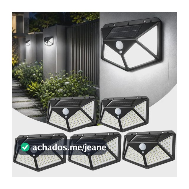 Kit 5 Luminárias Solar 100leds A Prova D'água Parede Externa 127/220v Preto