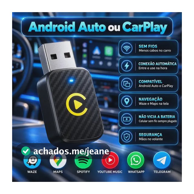 Adaptador CarPlay Sem Fio Android Auto 2 em 1 USB Wireless Automático Plug Play para Carro Multimídia iPhone Android Conexão Rápida