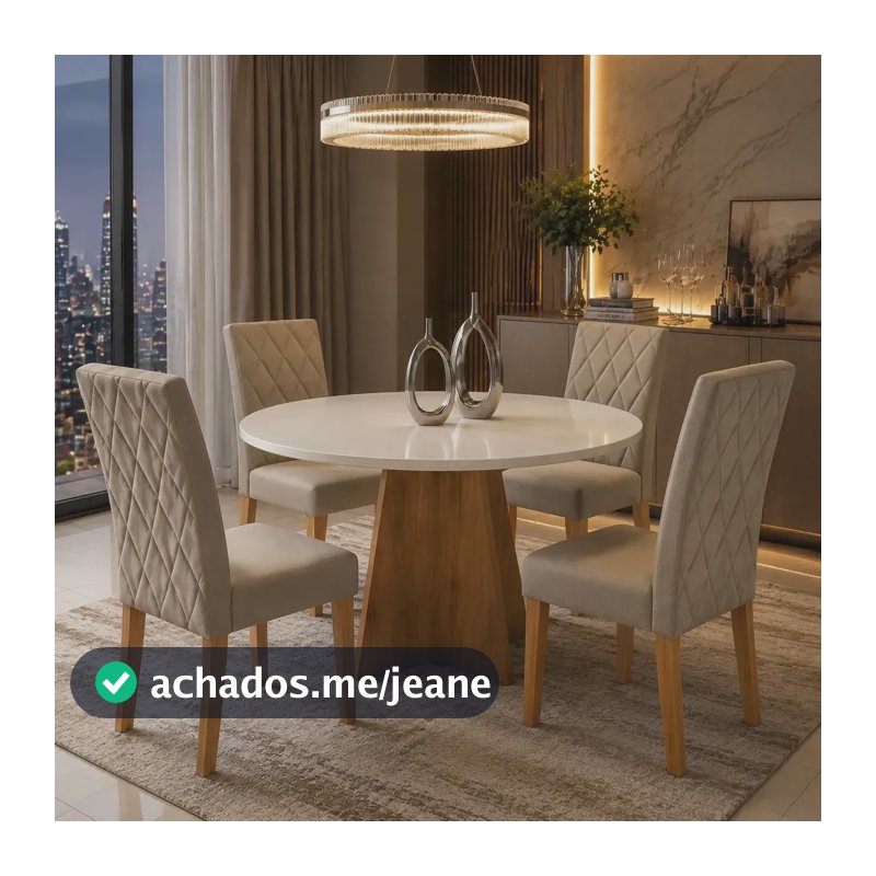 Jogo de Jantar com Mesa Redonda de 90" e 4 Cadeiras Jade Estofadas Freijó Bege para Sala