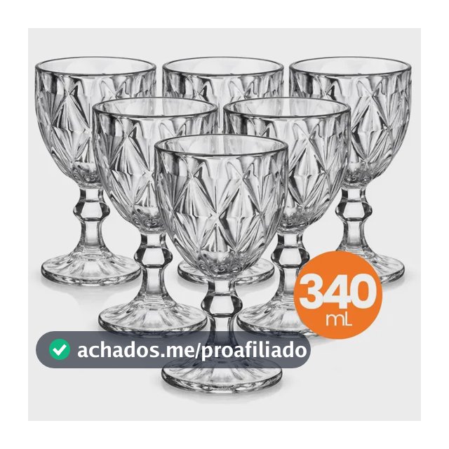 Jogo 6 Taças Vidro Diamond 340ml Conjunto Mesa Posta Água Suco Cozinha Decoração Presente Transparente