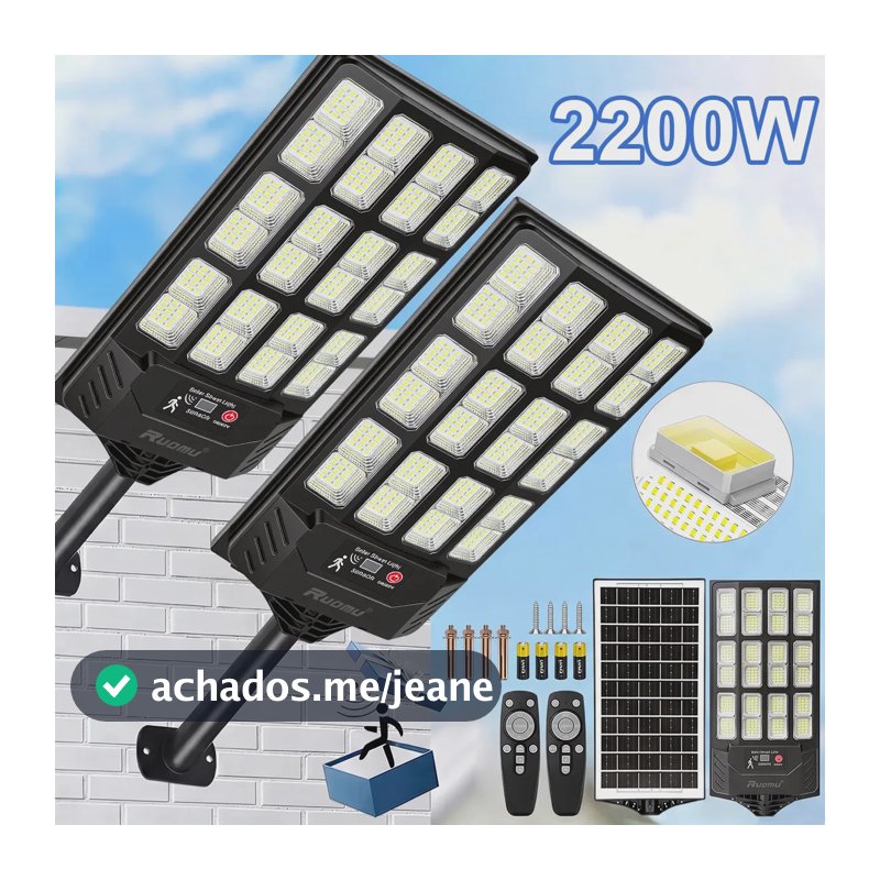 Kit 2 Refletor Solar Led Holofote 2200W Lampada Solar Ip67 Com Sensor Controle 6500k