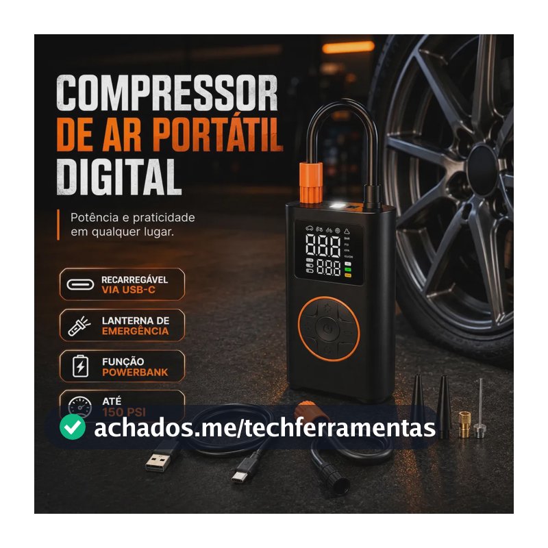 Compressor de Ar Portátil Digital B&G BG-17 USB-C Preto 150 psi Bivolt