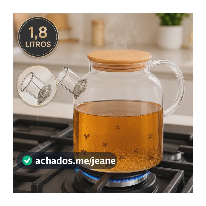 Bule de Vidro Borossilicato 1,8L 1800ml Chaleira com Tampa de Bambu Filtro Infusor Inox para Chá Café Água Quente Transparente Sólar