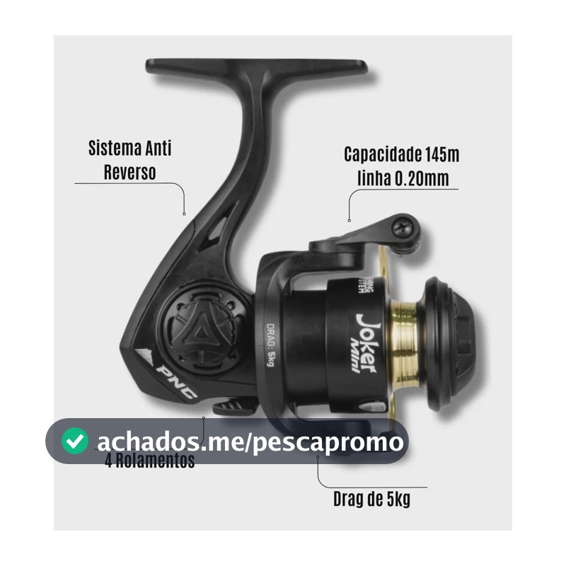 Molinete PNC Joker Mini Preto Ultra Light 4" Carretel Alumínio Manivela Direita/Esquerda