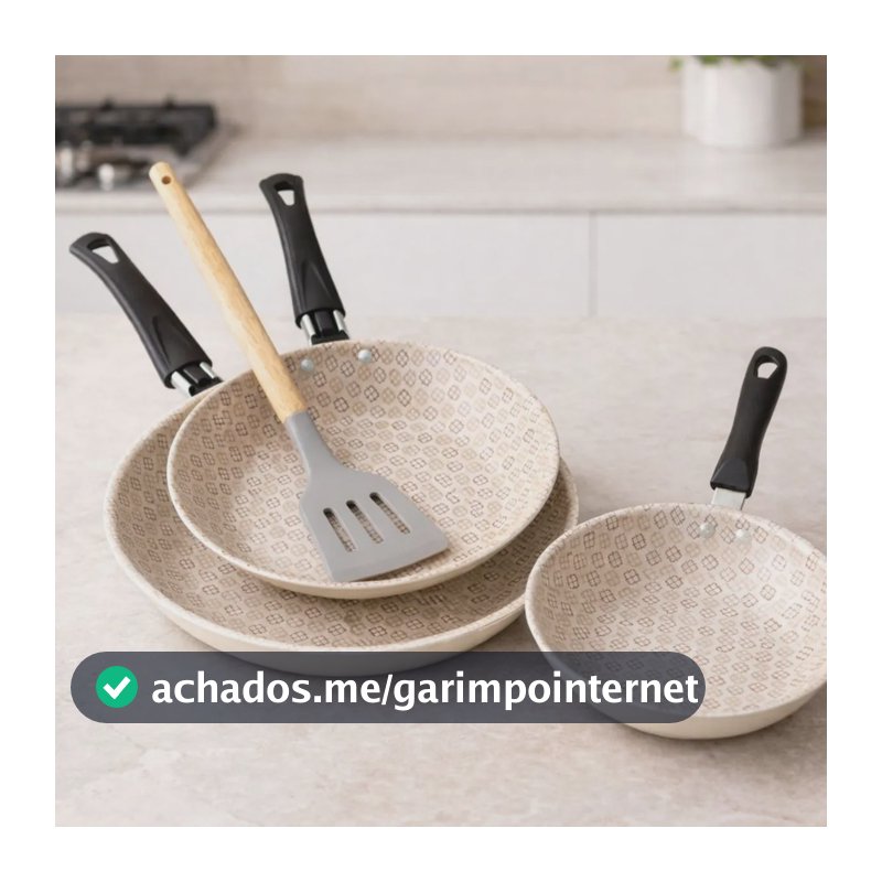 Jogo 4pcs Frigideiras Antiaderentes 14cm 18cm 22cm Espatula Creme