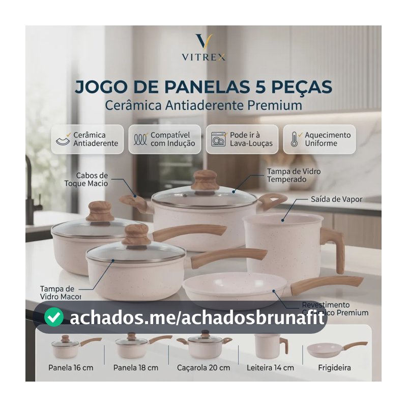 Jogo De Panelas Cerâmico Triplo Indução Vitrex Ecoglid 5 Peças Cor Baunilha